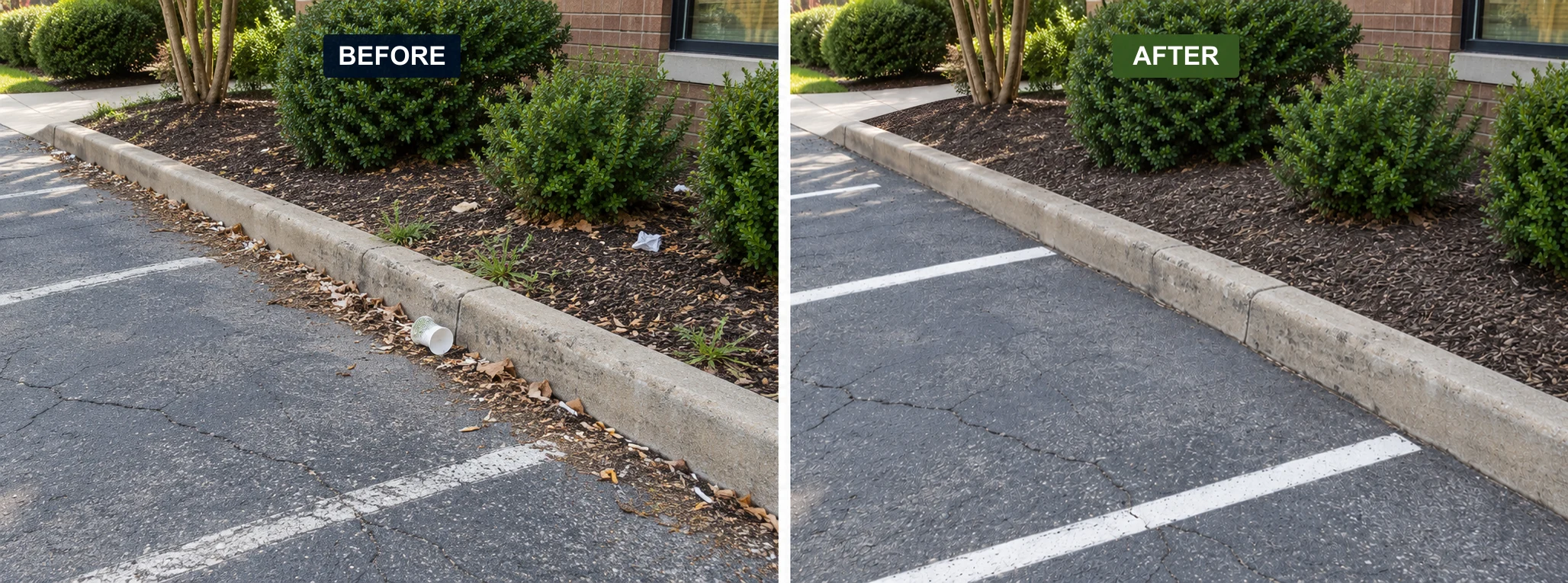 Curb-line comparison: accumulated loose dirt, leaves, litter, and cigarette butts before, cleaned pavement and refreshed parking markings after