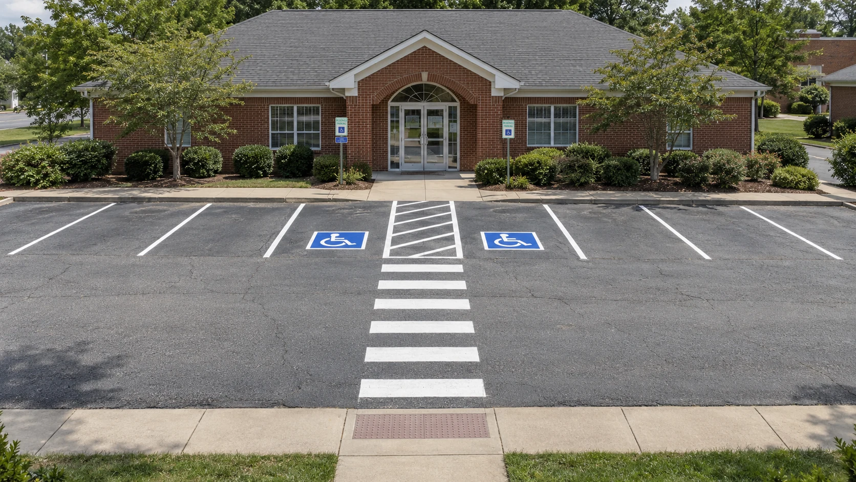 Office lot after cleanup and restriping, with the original aged asphalt